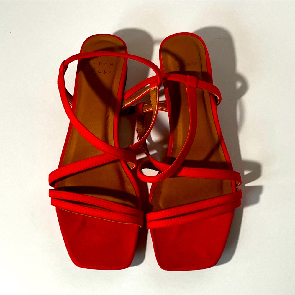 A. New Day brand : Coral / Red low platform sandal. Worn once! Size 8.5